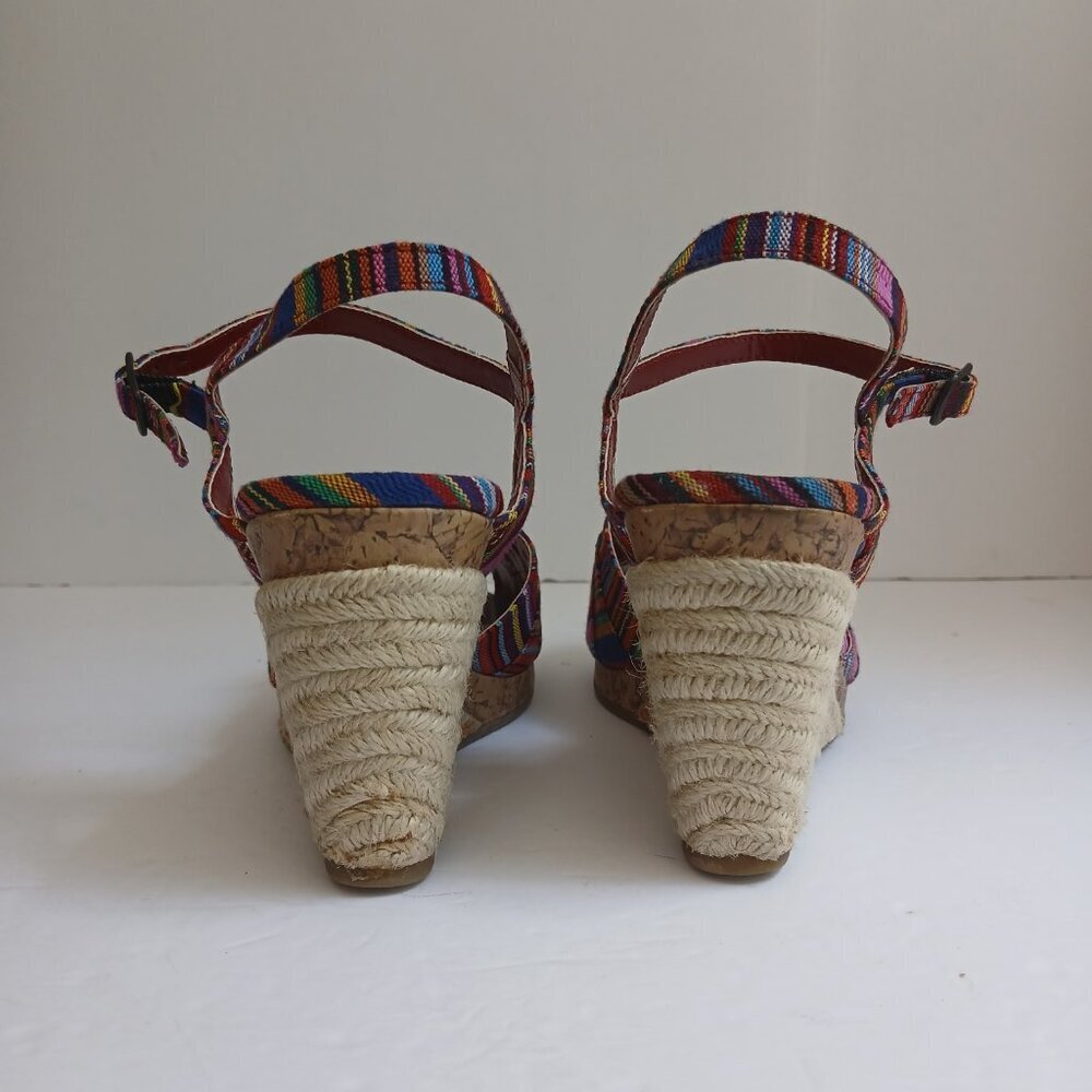 Multicolored Striped Fabric Peeptoe Cork&Rope Ankle Strap Wedge Sandals Sz 6.5 - Picture 5 of 13